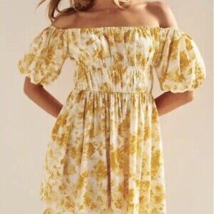 NWT Abercrombie and Fitch Yellow Floral Puff Sleeve Off The Shoulder Mini Dress